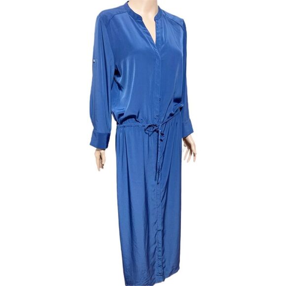 Chico’s Black Label Blue Satin  Maxi Dress M Long Sleeve Drawstring 1055 - Picture 1 of 9